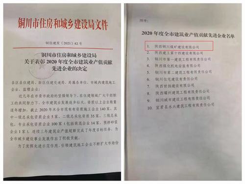 陜煤建設(shè)銅煤公司喜獲“2020年度銅川市建筑業(yè)產(chǎn)值貢獻先進企業(yè)”榮譽