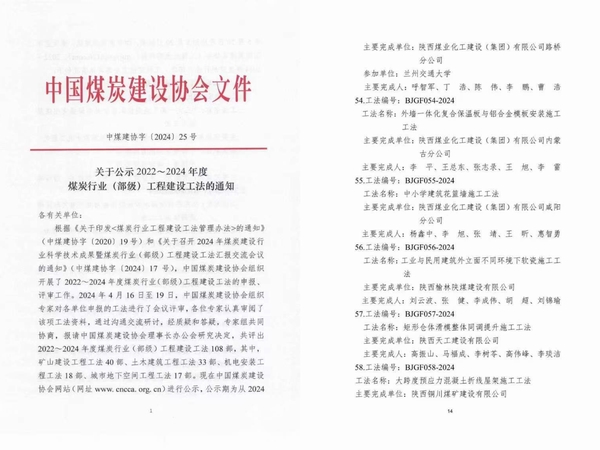 陜煤建設榆林公司喜獲省部級工程建設工法