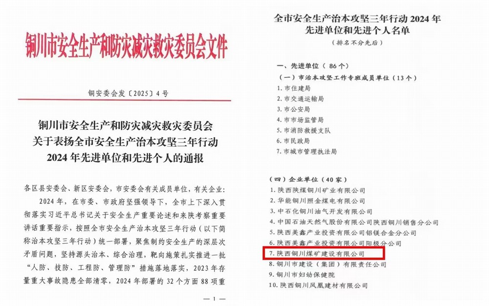 喜報！陜煤建設(shè)銅煤公司獲評“銅川市安全生產(chǎn)治本攻堅三年行動2024年先進單位”